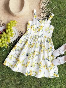 SHEIN Young Girl Ditsy Floral Spaghetti Strap Casual Dress, Spring/Summer - White - View 2