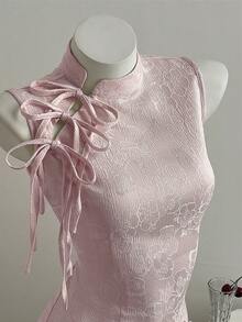 Elamini Women's Party New Year New Chinese Style Jacquard Textured Fabric Fitted Mini Dress - Baby Pink - View 4