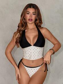 Sirith 3pcs Women's Black Polka Dot Splice V-Neck Lace Trim Swimsuit Set, Includes Tight Fitted Mini Skirt, Side Tie Swim Bottoms, Backless Design, Suitable For Swimming, Vacation, Music Festival, Pool Party - Apricot - View 5