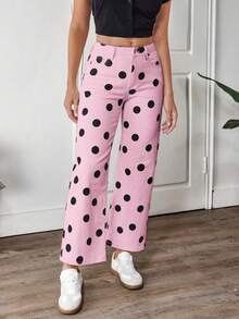 EMERY ROSE Plus Size Women's Fashion Print Denim Jeans, Black & White Graphic Straight Leg Jeans - Pink - View 7