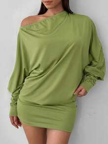 Aloruh Coffee Brown Knit Elastic Fabric Bodycon Asymmetric Shoulder Backless Mini Dress For Women - Green - View 5