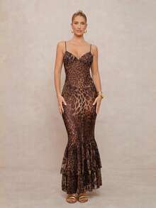 Lumalex Đầm trễ vai, dây mảnh, họa tiết da báo ombre, chất liệu hơi xuyên thấu, có thể điều chỉnh độ dài, thích hợp mặc đi biển. - Nhiều màu - Xem 2