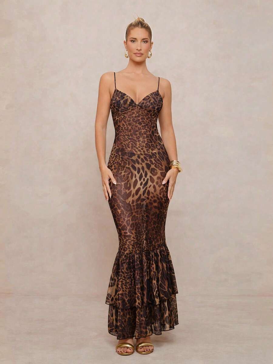 Lumalex Đầm trễ vai, dây mảnh, họa tiết da báo ombre, chất liệu hơi xuyên thấu, có thể điều chỉnh độ dài, thích hợp mặc đi biển.