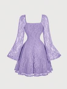 SHEIN MOD Square Neck Ruffle Bust Pleated Flare Sleeve Lace Dress - Mauve Purple - View 3
