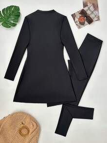 Swim Mulvari Bộ 2 món màu đen: Áo dài tay cổ tròn xếp ly và quần đen, trang phục Burkini thường ngày cho nữ đi nghỉ mát. - màu đen - Xem 2