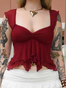 Arliah Women Ruched Front Slim-Fit Sexy Mesh Patchwork Tie Back Short Sleeveless Cami Top, Casual Vacation Top Ruffle Top - Burgundy - View 6