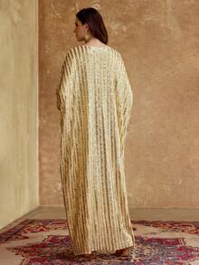 ZEYLAH WOMEN'S FASHION PARTY V-NECK SEQUIN PATCHWORK BATWING SLEEVE LOOSE ARABIC STYLE DRESS - Apricot - View 4