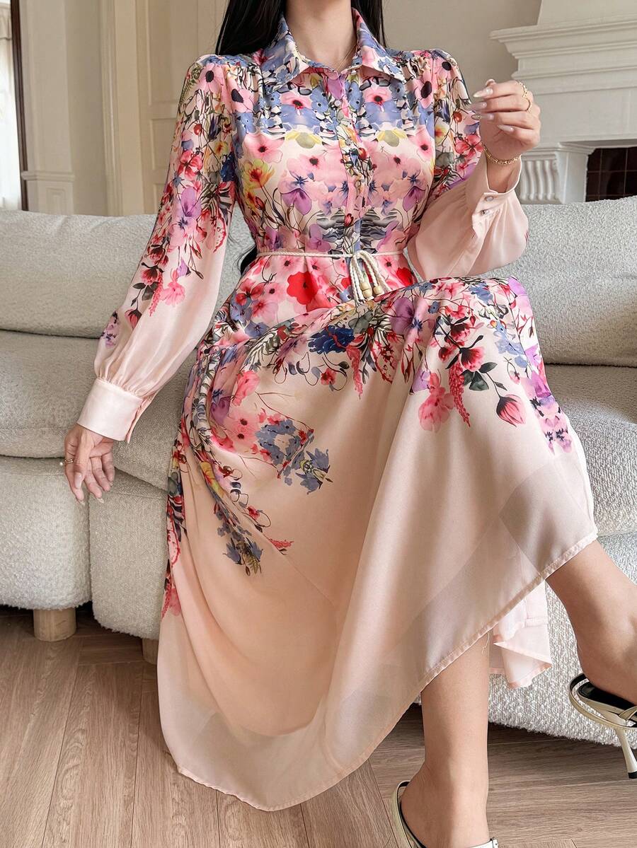 DAZY Đầm in họa tiết cho nữ, cổ ve lật, tay dài, cao cấp, thắt eo, đầm chiffon Pháp sang trọng, đầm dài nữ, đầm hè, đầm hoa cho nữ - Màu be - Xem 1