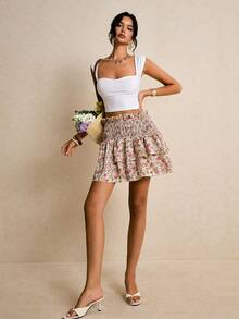 Poéselle Women's Summer Vacation Floral Print Paper Bag Waist Layered Ruffle Hem Skirt - Multicolor - View 6