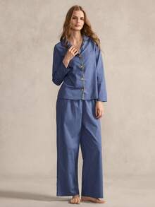 SHEIN Women's Casual Collar Long Sleeve Pants Pajama Set, Blue - Blue - View 3