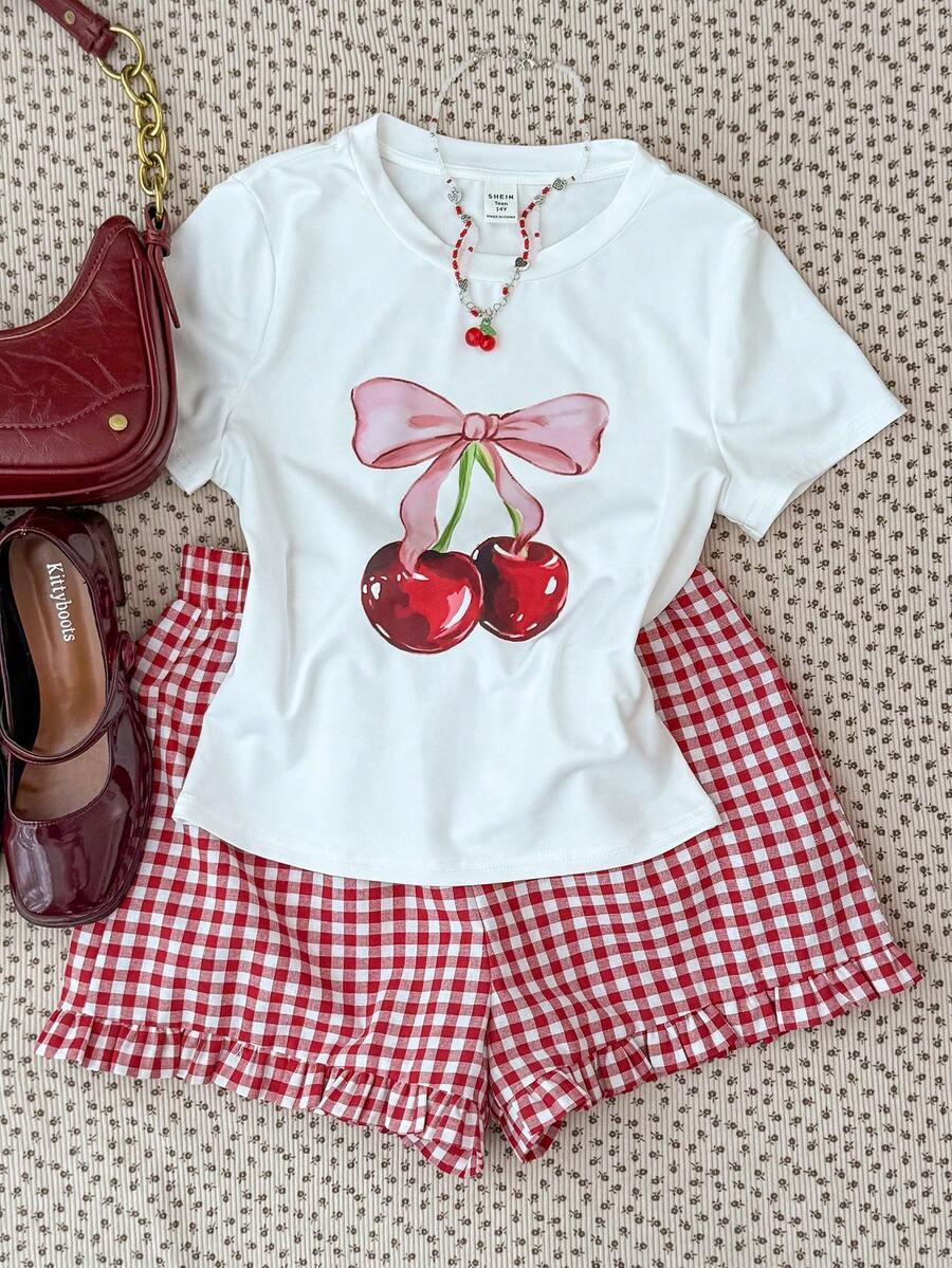 Teen Girl Casual Cute Cherry Print Crew Neck Snug Fit T-Shirt And Red & White Plaid Shorts Set - Red and White - View 1