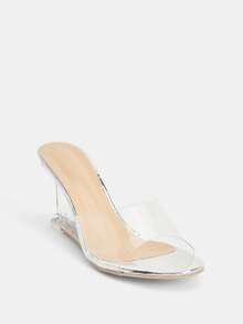 Glitzique 女士夏季新款高跟拖鞋透明厚底拖鞋时尚不对称水晶高跟凉鞋 - 銀色 - 查看 1