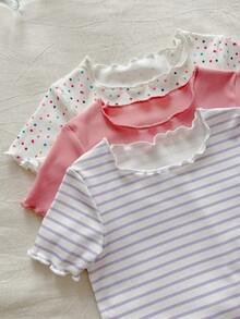 SHEIN 6件套女婴夏季套装，女婴短袖圆领波点休闲百搭家居服时尚套装 6件套/3套 - 彩色 - 查看 5