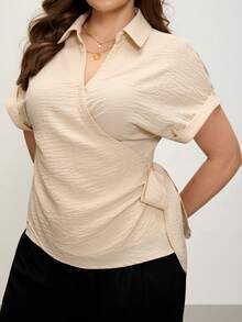 Comfylo Plus Size Simple Versatile Wrap Tie Casual Short Sleeve Shirt Carnival Party Luxury Valentine's Day, Summer Tops - Khaki - View 4
