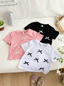 Genkimix Kids 3 Stück/Set Kleinkind Mädchen Mode einfache Schleife Dekor Kurzarm T-Shirt, Schwarz Weiß Rosa Kombination, vielseitig für den täglichen Gebrauch, Frühling/Sommer - Schwarz - Übersicht 3
