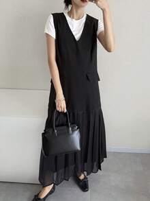 FRIFUL Women's Summer/Spring Solid Color Pleated Flared Loose Casual Dress Sundress - Black - View 5