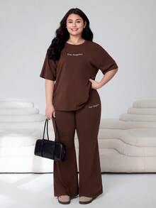 Solflare Plus Size Women's Letter Print Round Neck Drop Shoulder Short Sleeve T-Shirt And Pants Casual 2 Pieces Set, Spring/Summer,Carnival Women Look 2026,Going Out Outfits, Holiday Outfits, Graphic Tee, Summer Outfits - Brown - View 4