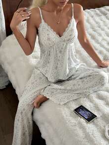 SHEIN Women's Romantic Floral Contrast Lace Trim Wide Leg Pajama Set - Multicolor - View 4