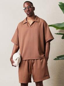 Bộ đồ thể thao nam SUMWON dáng rộng, chất liệu gân sọc, gồm áo polo và quần short, kiểu dáng thường ngày, thích hợp cho mùa hè, có cổ và dây rút. - màu nâu - Xem 3