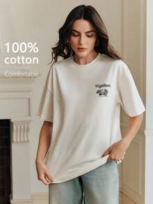 Elaire 女士优雅花卉爱心印花圆领白色休闲短袖T恤，夏季 - 白色 - 查看 3