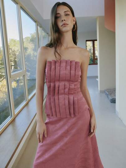 Nöista Two Pieces Set Jacquard Satin Fabric, Off Shoulder Top, With Front Panels, And Midi Skirt. Spring, Summer, Formal Event, Every Day Look, Easter, Coordinated, Two Pieces Set, Formal Ocasion, Event, Weeding .