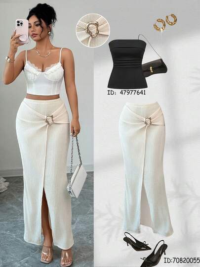 Elenzga Women's Elegant Solid Color Twisted Long Skirt, Asymmetric Neckline Knit Tight Fit Style, Twisted & Slit Design 3D Asymmetrical Metal Buckle Skirt, Suitable For Women's Graceful Attire, Summer & Spring Minimalist Clothing