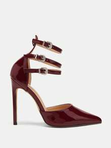 Glitzique Sepatu Hak Tinggi Wanita dengan Kancing dan Bahan Cermin, Model Baru 2026, Warna Merah Anggur, Elegan, Sepatu Pesta Musim Semi dan Musim Panas - Burgundy - View 5