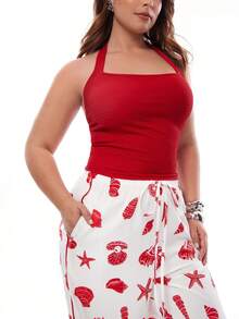 Solavibe Women Plus Size Red And White Summer Casual 2 Piece Set,Halter Neck Solid Top & Loose Wide Leg Pants With Waist Tie,Holiday Beach Vacation Outfit - Red and White - View 5