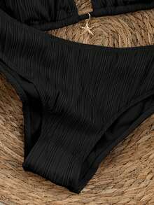 Swim Vcay 2026 Spring/Summer Women's Polka Dot Print Halter Neck Swimwear With High Cut Bottoms, 2-Piece Bikini Set Halter Bikini Bathing Suits For Women Black Bikini Set Black Textured Bikini Ribbed Bikini - Black - View 5