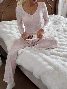 Dream Adore Bộ đồ ngủ dài tay dệt kim in hoa cổ chữ V cài nút dành cho nữ - Nhiều màu - Xem 6