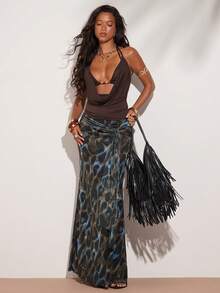 SHEIN BAE 棕色性感豹纹网纱针织流苏低腰半身裙，适合海滩派对、沙滩裙、法国南部度假、早午餐、闺蜜聚会等场合。 - 棕色 - 查看 4