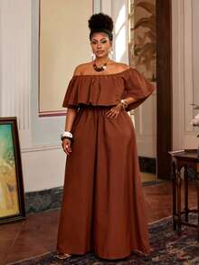 Maweii Plus Size Women's Chocolate Brown Off Shoulder Ruffle Wide Leg Jumpsuit, Elegant Fit For Spring & Summer Vacation & Casual Outings - Brown - View 4
