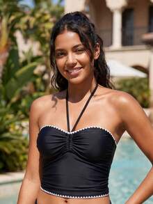 Swim Lushoire 女士褶皱饰边挂脖式坦克背心泳衣套装，夏季度假 - 黑色 - 查看 3