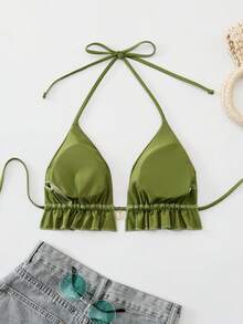 Swim Vcay Top de bikini femme à col ras-du-cou, avec volants, couleur unie et - Vert - Voir 4