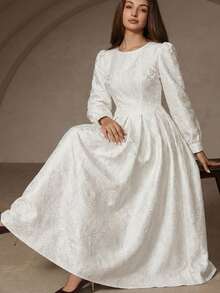 Aveloria Rosie 红黑撞色提花面料圆领收腰蓬蓬裙优雅长袖连衣裙 - 白色 - 查看 5