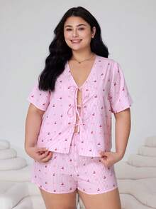 Solflare Pink,Summer,Cute,Family Matching Plus Size Cherry Blossom & Bow Striped Print Open Front Tie Bow Loose Short Sleeve Shirt & Shorts 2-Piece Set - Multicolor - View 3