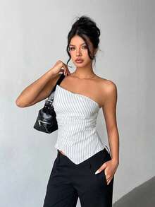 Aloruh Damen Herbst/Winter Neu Pendler Alltags Tragen Taille Raffung Eng Asymmetrisch Plissee Gestreift Dunkelgrau Top - Weiss - Übersicht 4