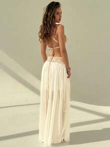 Aloruh 女士夏季度假波西米亚风钩针套装，两件套，适合日常夏季穿着、夏季服装、夏季沙滩装、女士沙滩度假装、度假装、热带度假波西米亚风女装、热带度假女装，钩针背心和喇叭裙两件套 - 杏色 - 查看 2