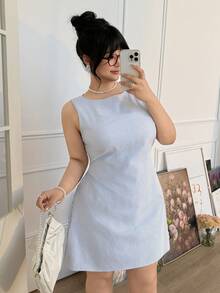 CovetEZ Đầm ngắn không tay kẻ sọc đen trắng dành cho nữ cỡ lớn - màu xanh lá - Xem 4