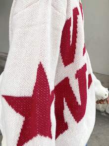 Ngobest Haus Ngobest Haus Distressed Hole Fringe Hem Casual Loose Unisex Knit Sweater With English Letter & Star Print, Round Neck, Drop Shoulder, Long Sleeve, Streetwear Style For Autumn/Winter - Apricot - View 3