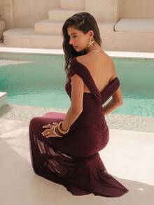 Modelyn Elegant Burgundy Summer Dinner Dress For Women,Asymmetrical Off Shoulder Sheer Ruched Formal Long Party Banquet Outfits,Wine Maroon Twist Dress - Burgundy - View 2