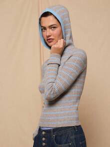 COUREZ 条纹罗纹针织连帽衫，带拇指孔 / Y2K 春季女装，可爱灰色连帽衫，外出上衣，夏季连帽衫，夏季穿搭 - 彩色 - 查看 6