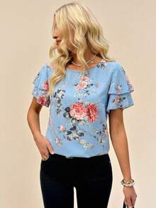 SHEIN Clasi Áo nữ tay bồng xếp lớp in hoa, kiểu dáng thường ngày, thích hợp cho kỳ nghỉ hè. - Màu xanh lam - Xem 2