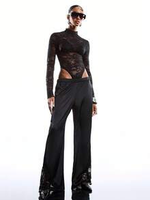 LYSMO 女士蕾丝领长袖连体裤和抽绳腰阔腿裤两件套，休闲日常穿着 - 黑色 - 查看 3