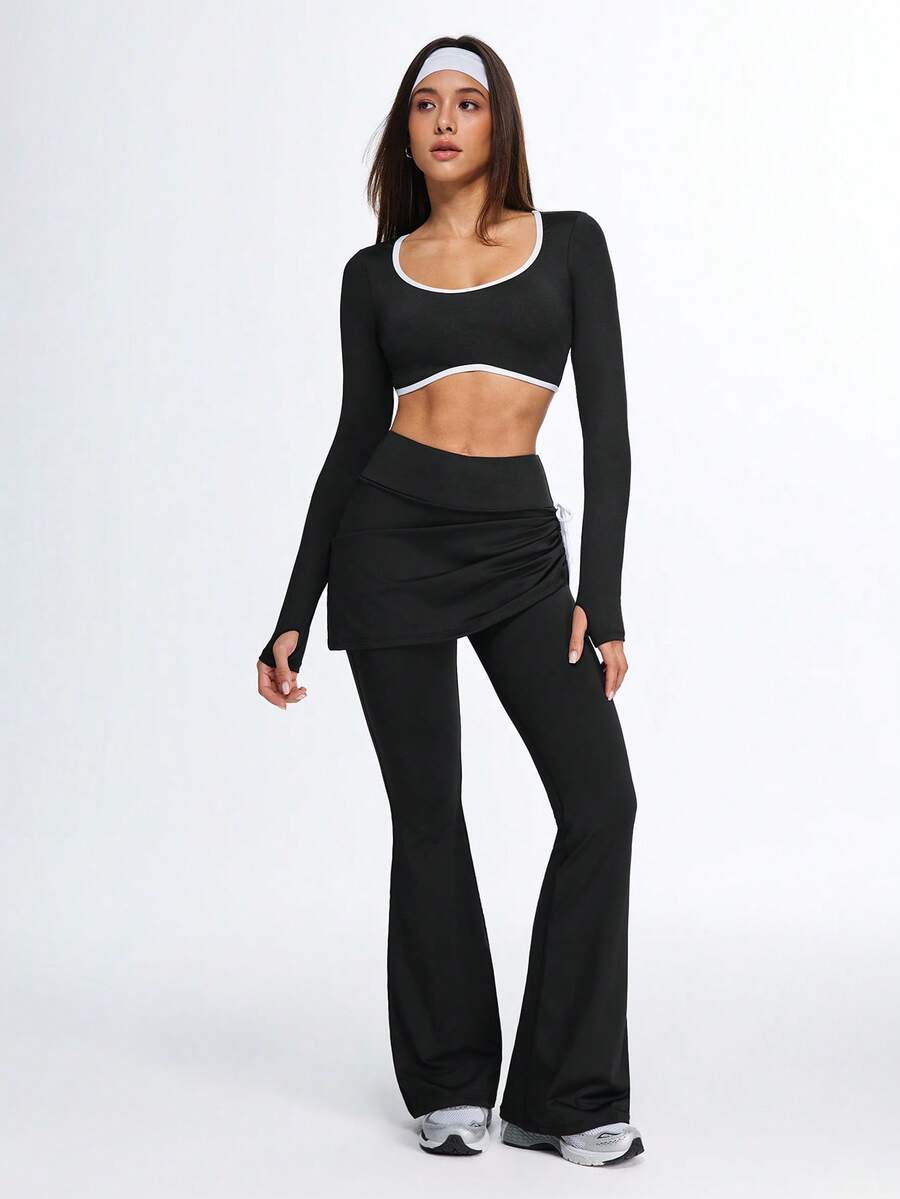 Eassivo Women's Contrast Binding Crew Neck Cropped Top And Flare Leg Pants Activewear Set, Yoga Outfit - Black and White - View 1