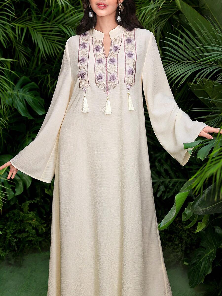 Al Najma Women's Apricot Semi Sheer Long Arabian Tunic Dress,Notched V-Neck Flare Sleeves,Floral Embroidered Lace Tassel Pendant,Elegant Modest Caftan,Summer - Apricot - View 1