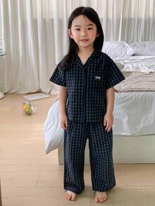 DAZY Young Girl Plaid Print Bow Embroidery Short Sleeve Shirt And Pants Pajama Set, Spring/Summer/Autumn - Navy Blue - View 8