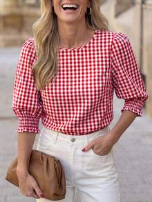 Solivie Women's Casual Plaid Round Neck Puff Sleeve Blouse, Summer - Red and White - View 8