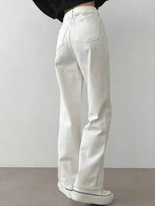 DAZY Solid Color Casual Straight Pants With Diagonal Pockets - White - View 4