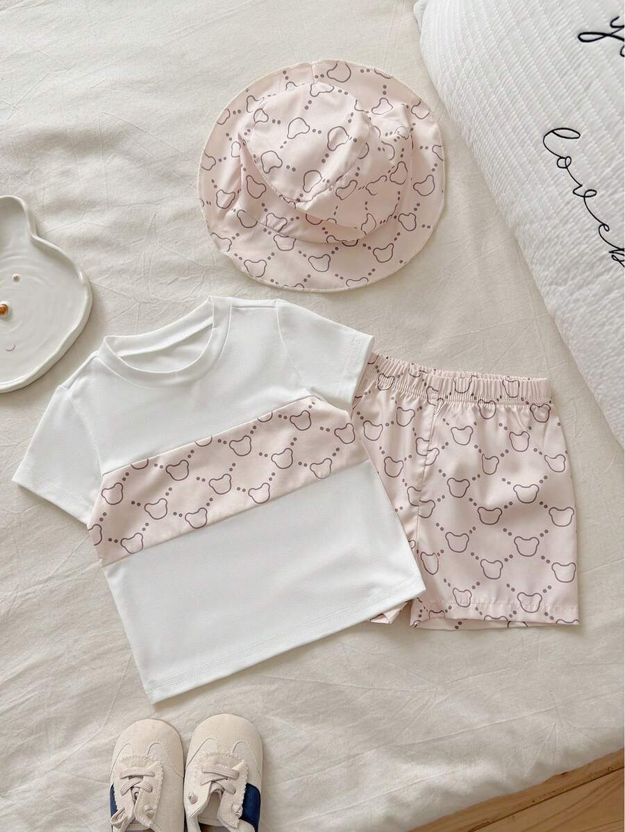 SHEIN Baby Boys Apricot Cartoon Full Print Round Neck Short Sleeve Tee And Shorts Co-Ords Set For Vacation - Apricot - View 1